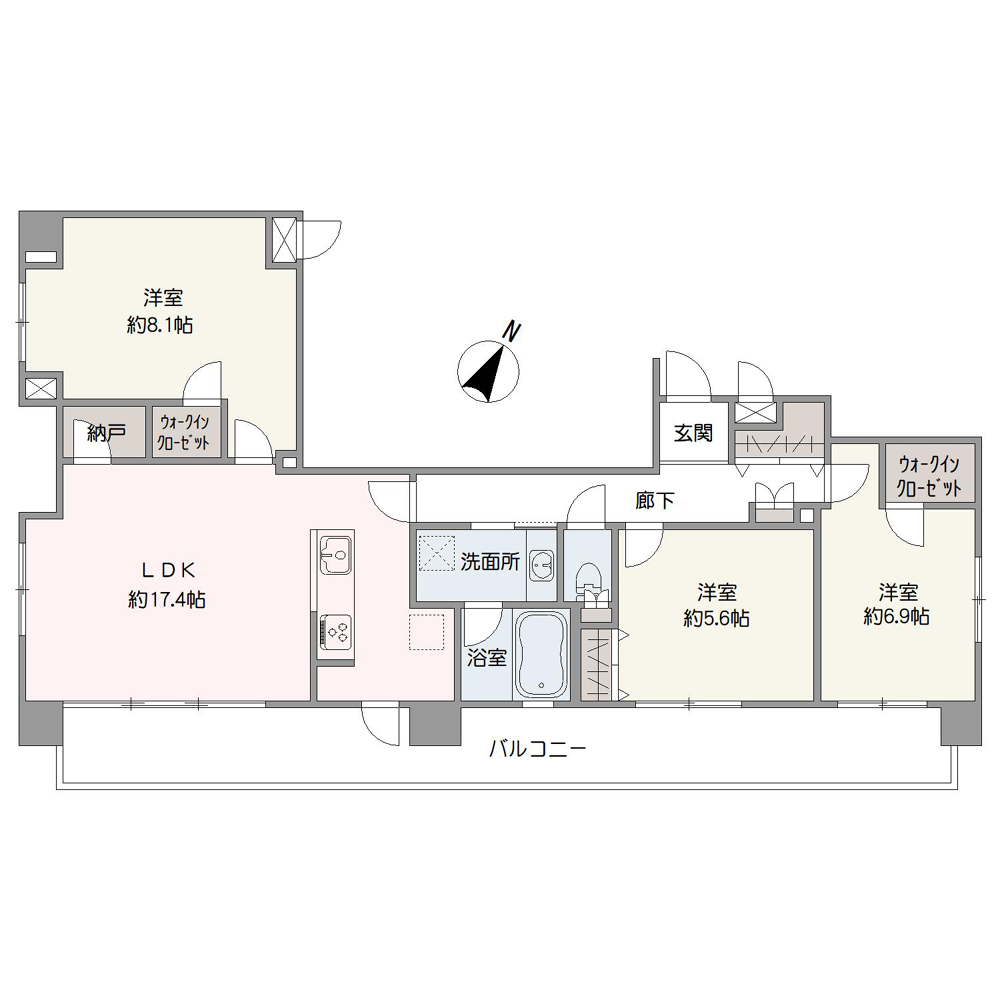 南東向きのワイドバルコニーが設けられた、3LDKの住まい。南・東・西の三方角部屋なので開放感があります。居住スペースをすっきり保てる、全居室収納付き。