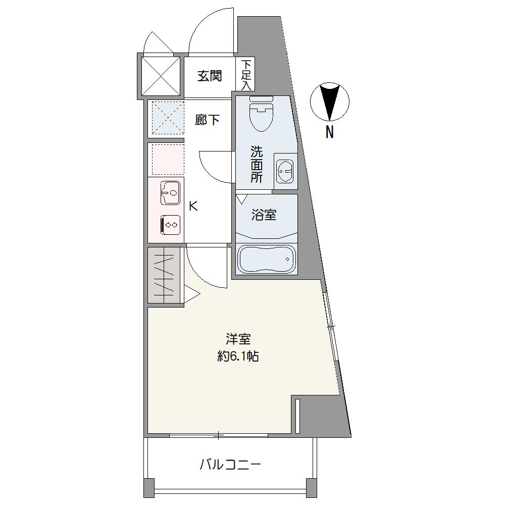 【間取図】廊下と洋室の間にドアがあり、玄関から室内が見えにくい設計です。洋室(約6.1帖)は2面採光が確保されており、心地よい風が通り抜けます。収納があり、室内を有効にお使いいただけます。