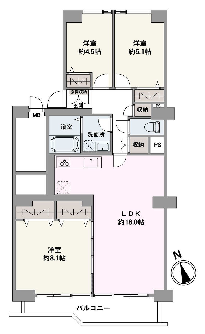 11階建マンションの9階部分の住戸です。南側には2部屋続きのバルコニーがあり、陽当たり良好。2026年3月に内装と水回りのリフォームが行われています。