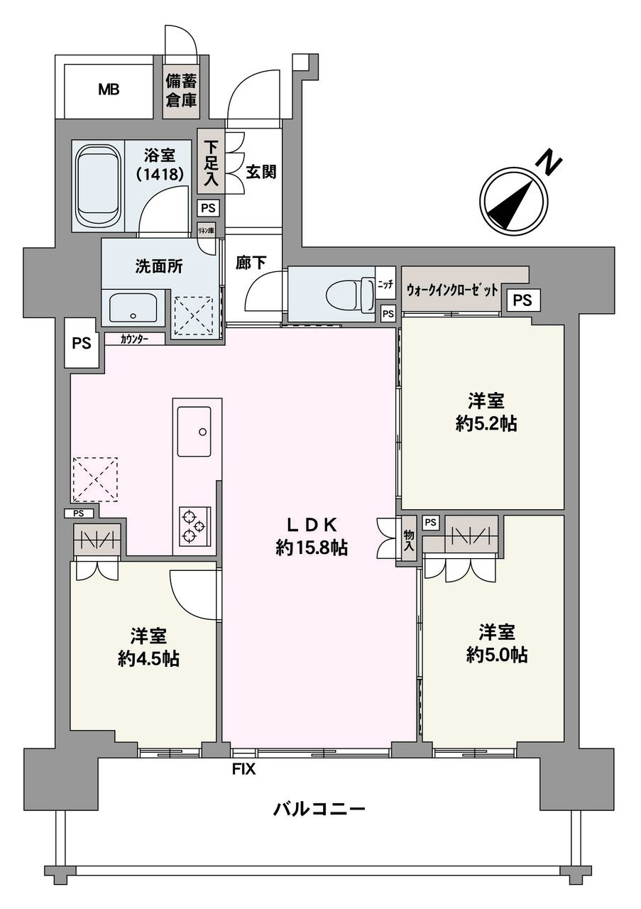 陽当たり良好な南東向きバルコニーが設けられた、3LDKの住まい。全居室収納付きなので、居住スペースをすっきりと保つことができます。
