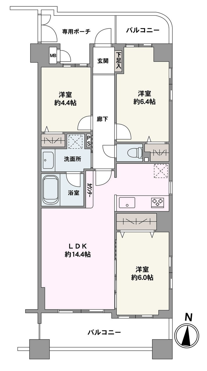 2面バルコニー・専用ポーチが備えられた、3LDKの角住戸。約14.4帖のLDK・約6.0帖の洋室・約6.4帖の洋室が、バルコニーに面しています。ペットと一緒に暮らせるマンションです(細則有り)。