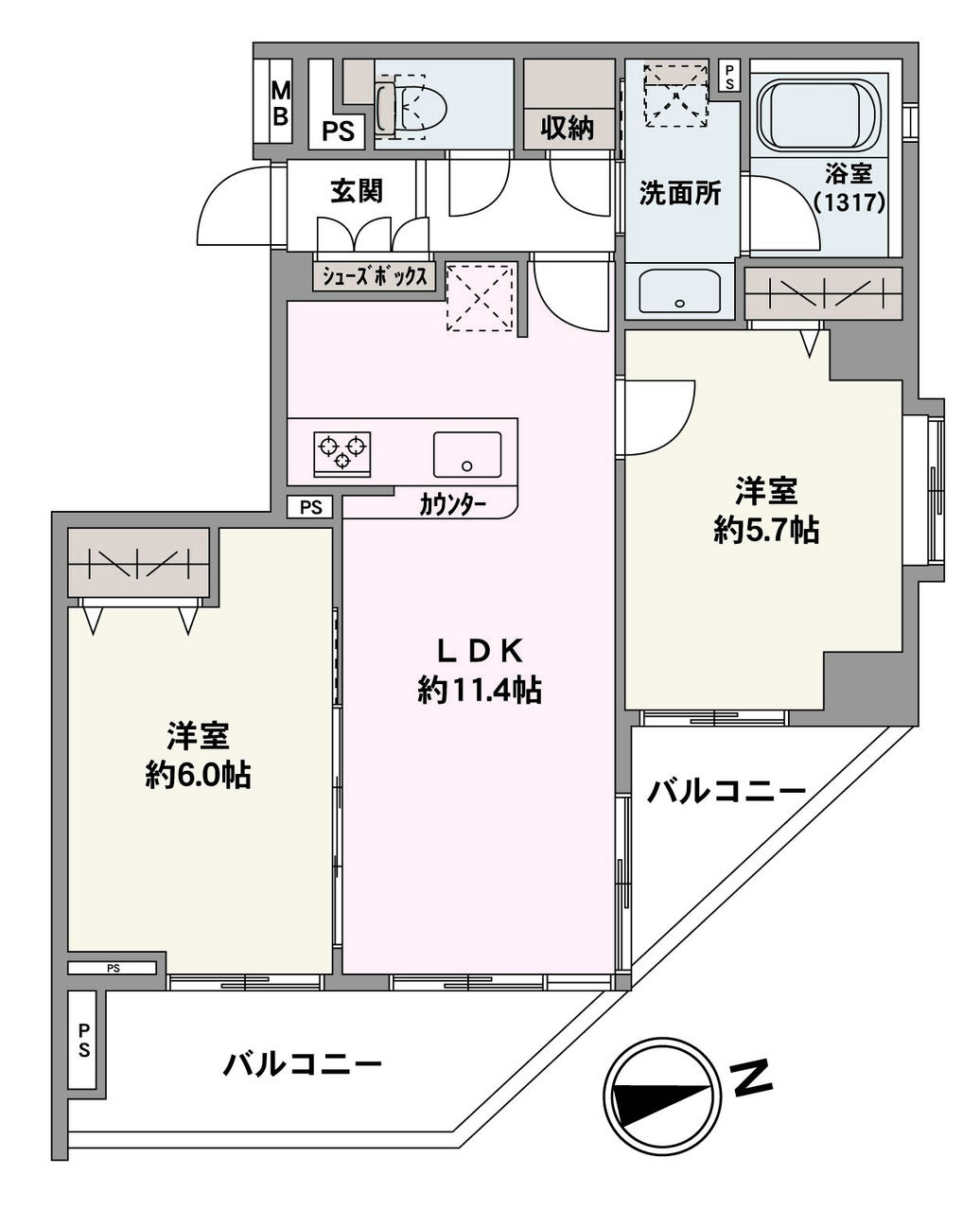 全居室がバルコニーに面した、明るく開放感のある住戸。LDKと約5.7帖洋室は、2面採光により心地よい陽光と風が通り抜けます。約6.0帖洋室の扉を開放すれば、LDKと一体利用も可能です。