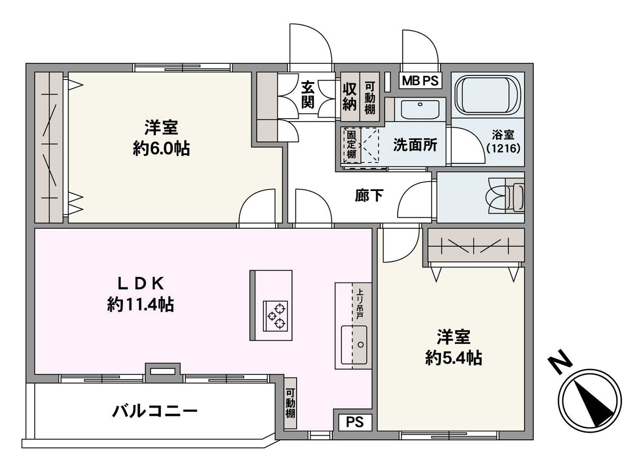 南西向きバルコニーの明るい一室。