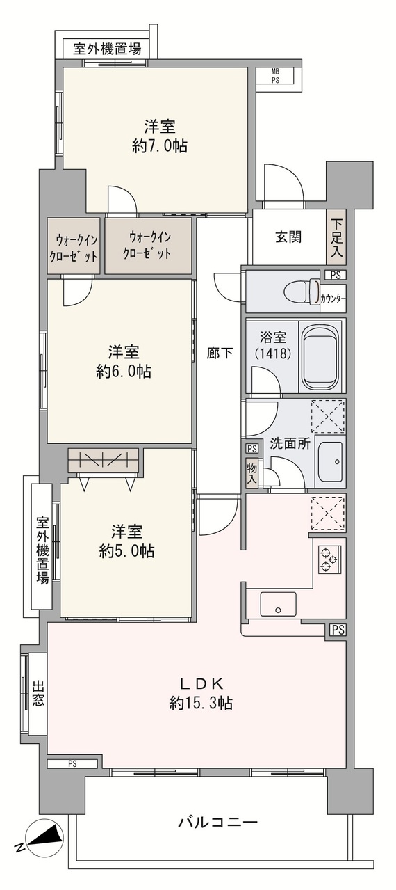 2か所のWICが備わった3LDK住戸です。角部屋につき、風通しの良いお住まいです。