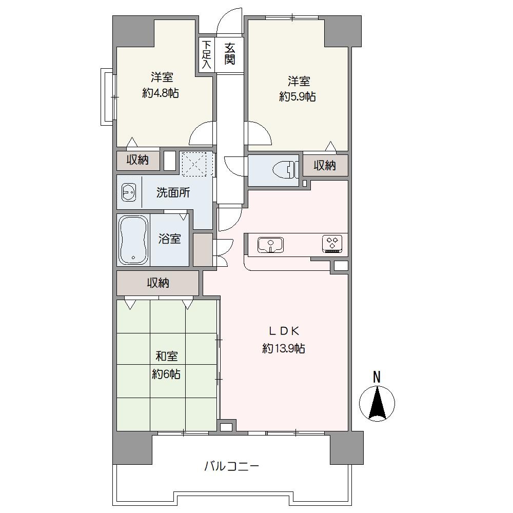 暖かな陽光が差し込みやすい南向きの住戸。LDKと和室は生活シーンにあわせて一体利用ができる設計です。全居室に収納が備わっており、居住空間を広く使うことが可能です。