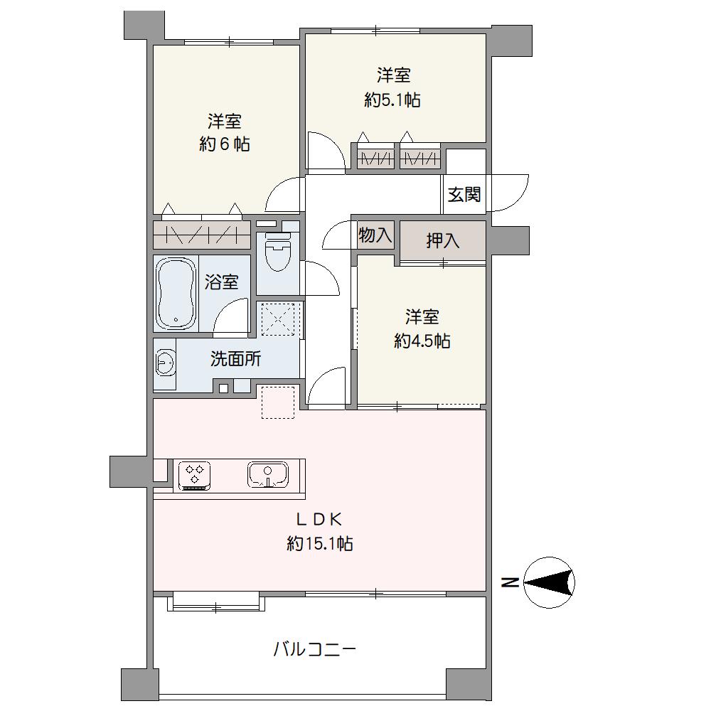 西向きバルコニー付き、3LDKの住まいです。各洋室や廊下など、収納が室内随所に設けられているので、居住スペースをすっきりと保つことができます。
