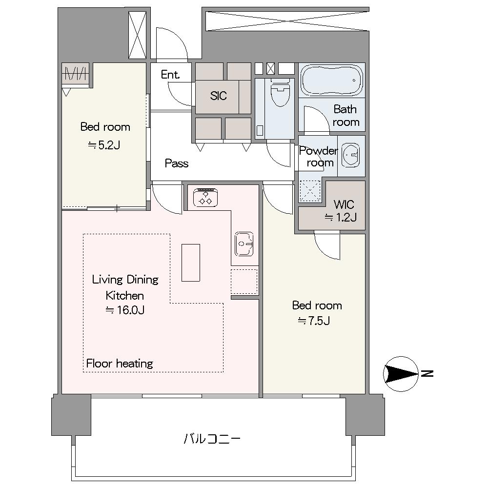 WICとSICをはじめ、廊下にも収納を備えた2LDKの住戸です。居住空間を広く使うことができます。2026年6月内装リフォーム済みのきれいなお部屋です。