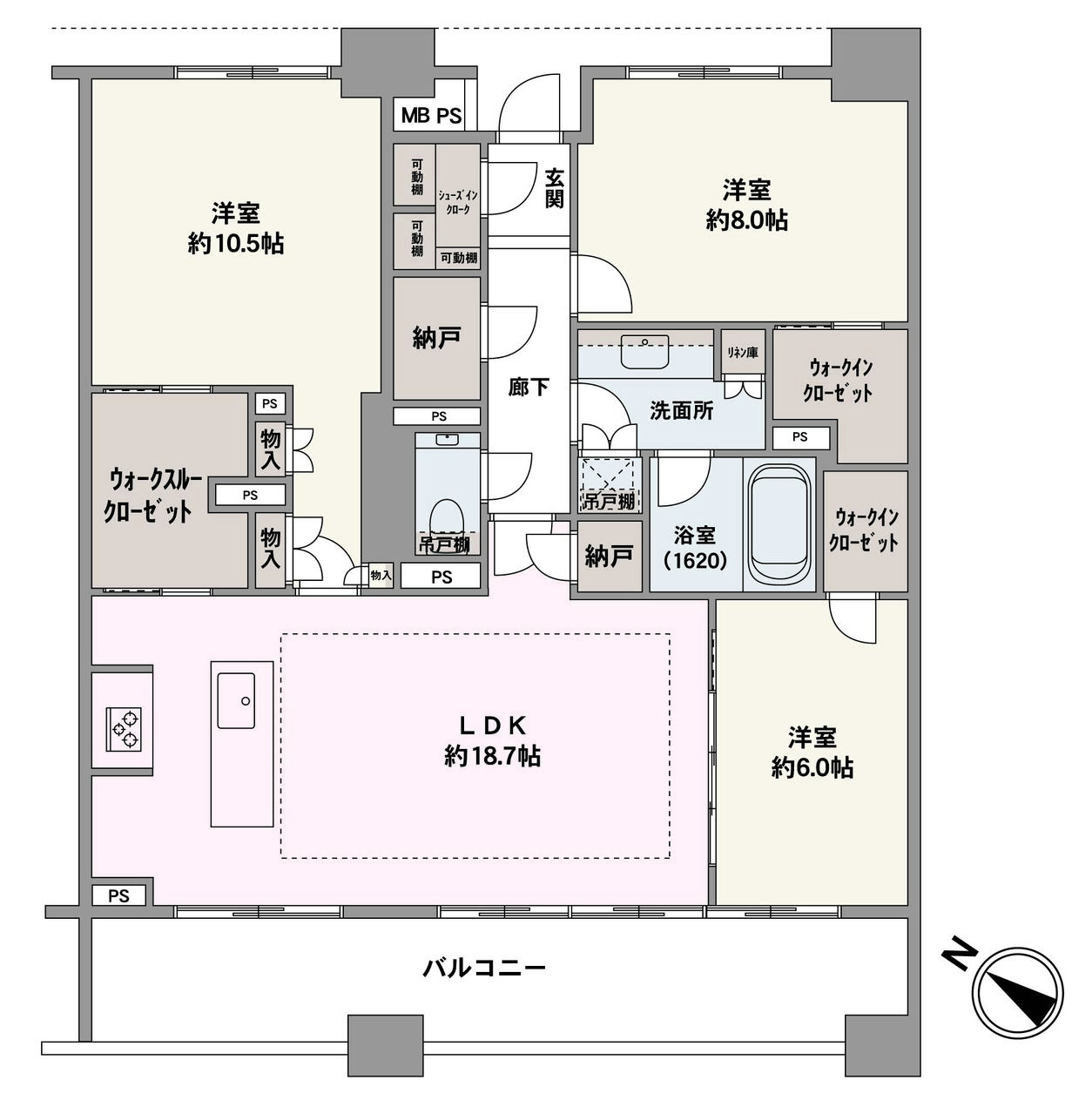 LDK約18.7帖、各居室6帖以上のゆとりある間取り設計です。ウォークスルークローゼットやWIC・SIC・廊下収納など、機能的な収納が設けられており、住空間を有効活用できます。