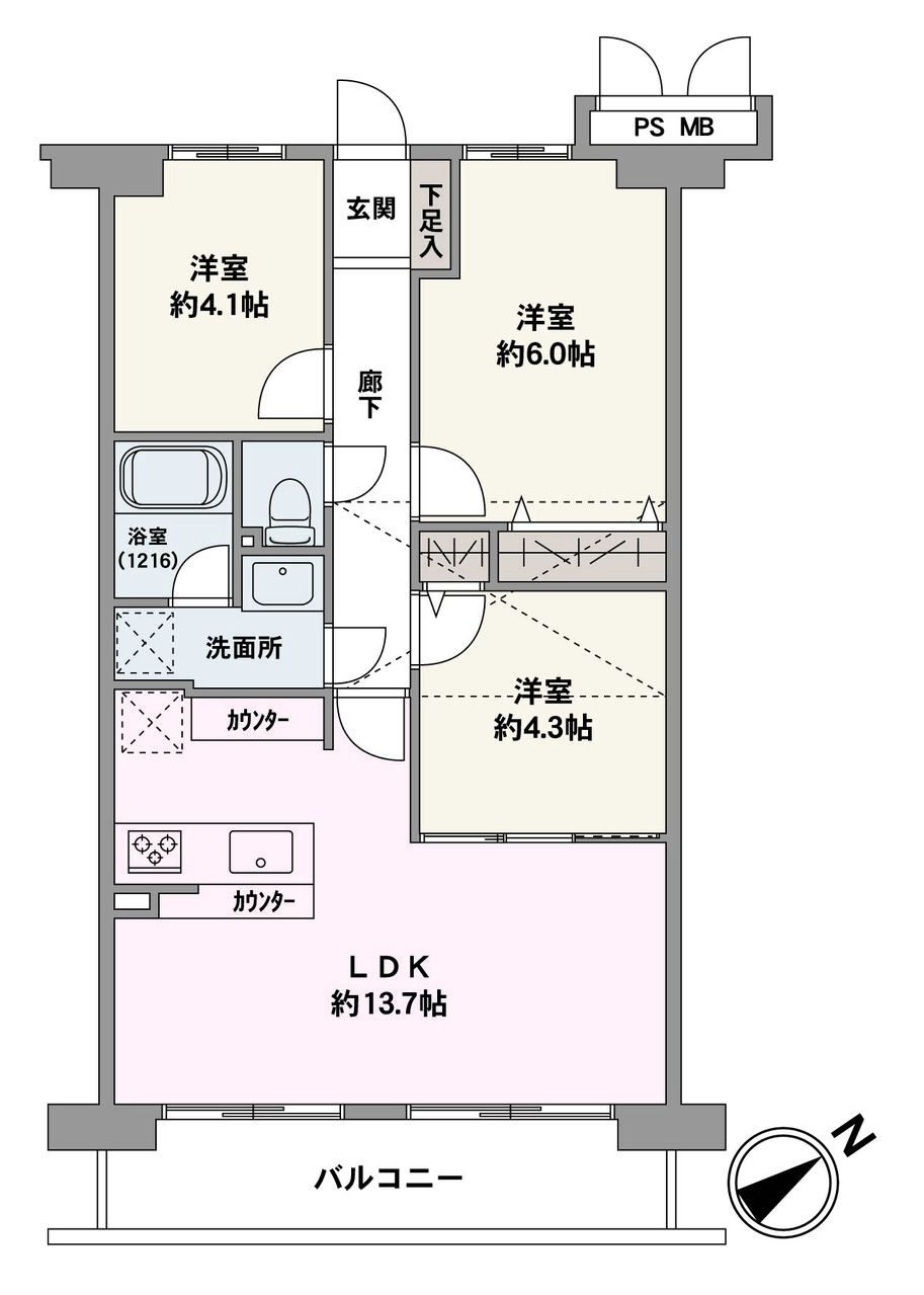 LDKは約13.7帖の広さ。隣接する洋室と一体利用が可能です。キッチンは調理中もご家族との会話が弾む対面仕様。陽光溢れる南東向きバルコニー付き！