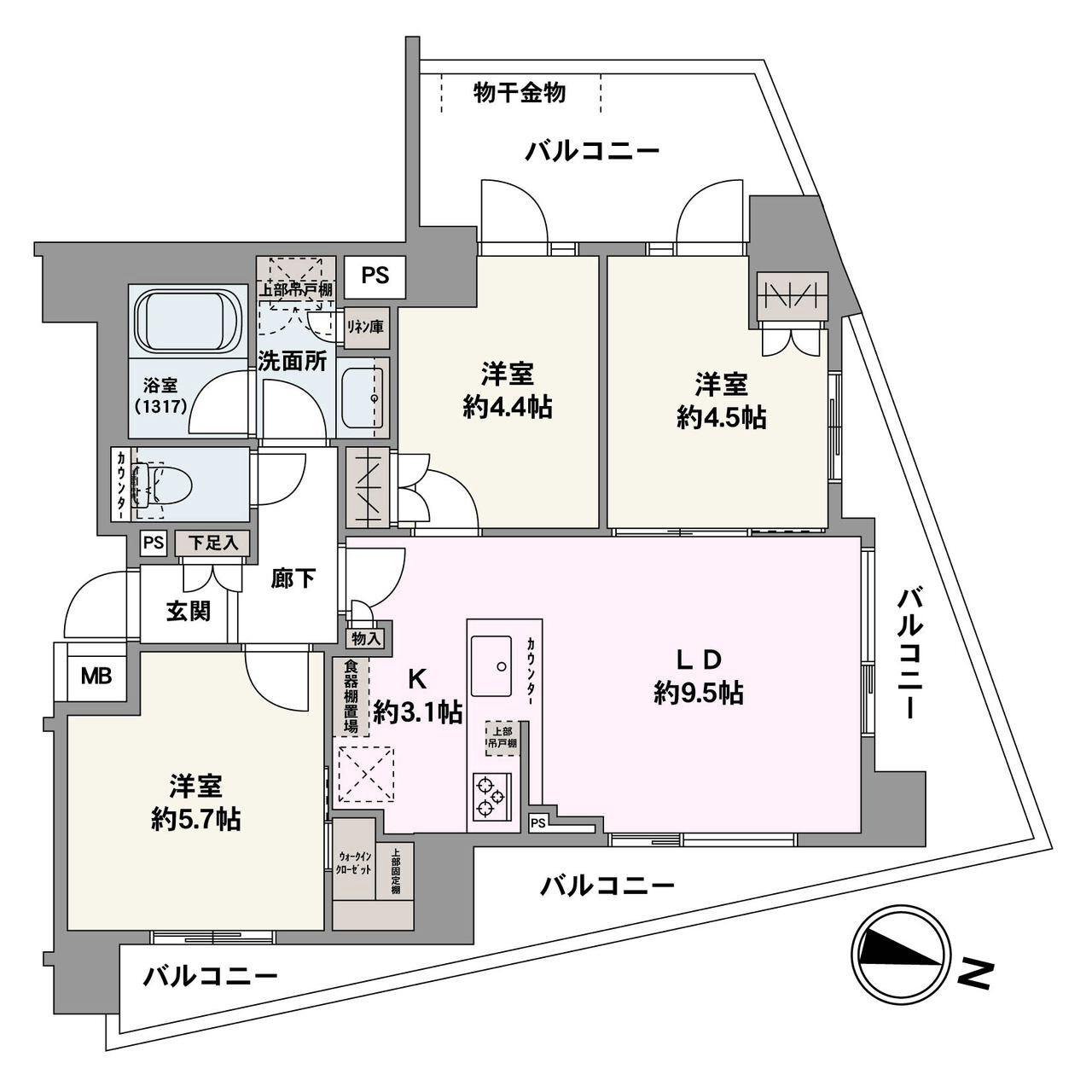 三方角部屋の3LDK。