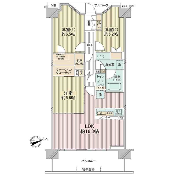 約76.04㎡の東向き3LDKのお部屋です！