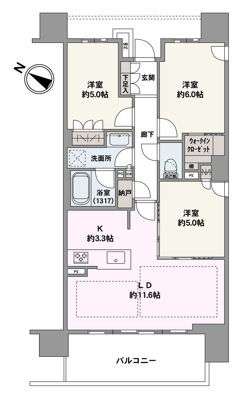 南西向き3LDKの角住戸です。キッチンはリビング全体を見渡せる対面式。各洋室と廊下、洗面室に収納が設けられており、住空間を有効に使うことができます。