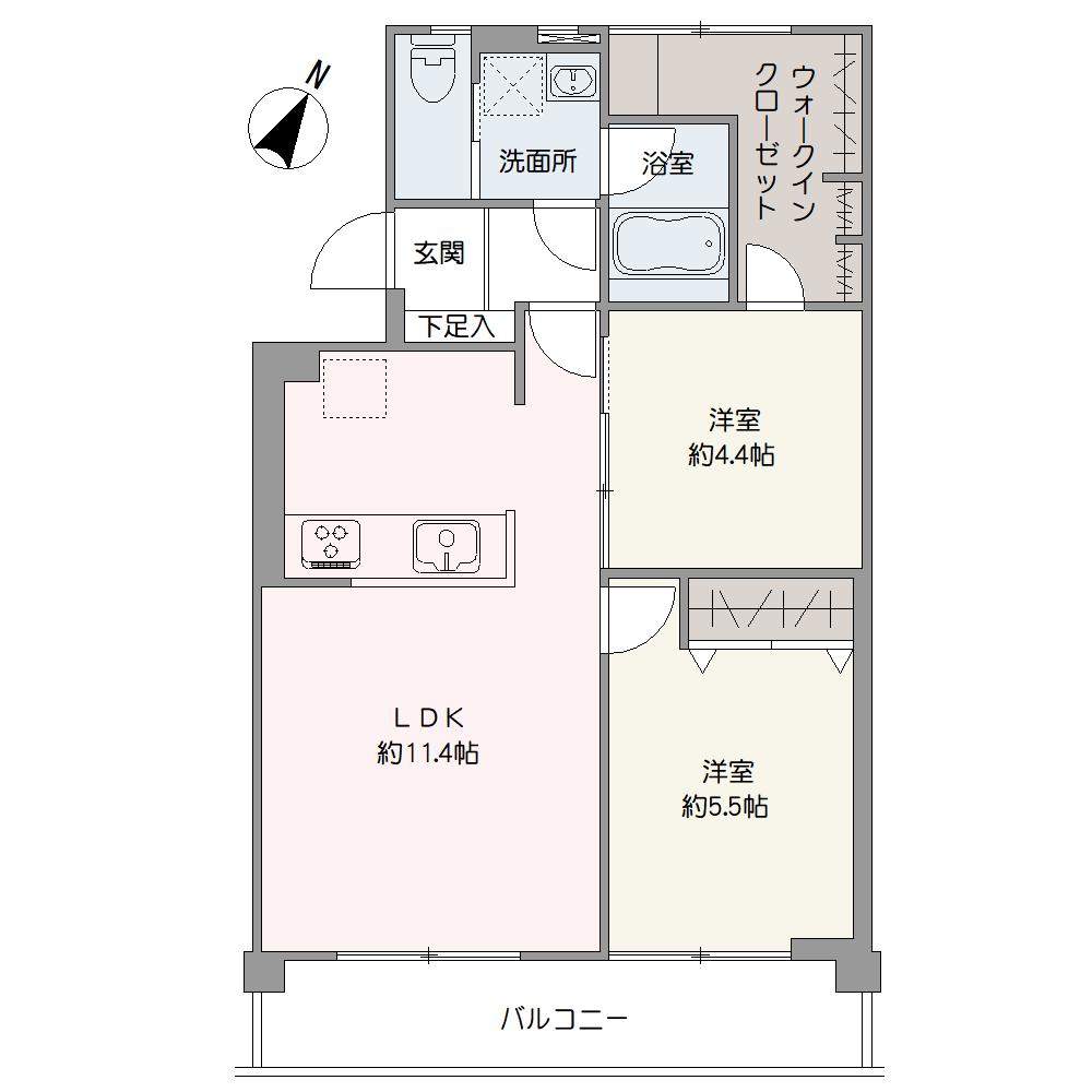 採光・通風良好な南東向きバルコニー付きの2LDK。大容量のWICが備わっているので、室内がすっきりと片付き空間を広々と使えます。キッチンは家族との会話が弾む対面式です。
