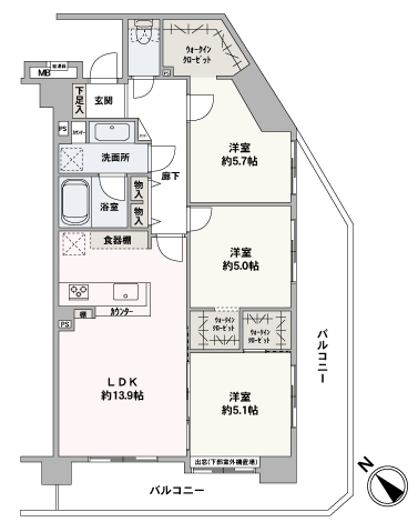 LDKは隣接する洋室約5.1帖との一体利用が可能。玄関先から室内の様子が見えにくい、クランクイン玄関が採用されています。各洋室はWIC付き。住空間を広々とご活用いただけます。