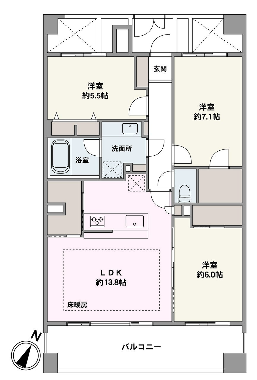 陽当たり良好な南東向きバルコニーが設けられた、3LDKの住まいです。2ヶ所のWICをはじめ、全居室収納付きなので、居住スペースをすっきりと保つことができます。