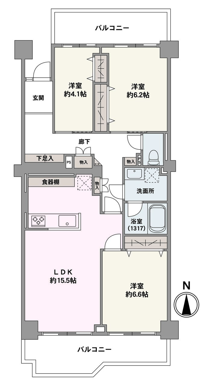 両面バルコニー付きの明るく開放的な住まい。LDKにはご家族との会話が弾む対面式キッチンが採用されています。廊下をはじめ、随所に収納スペースがあり、居住空間を広く確保できます。