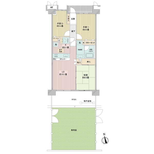 65.10㎡、南向き、３LDK、専用庭39.04㎡