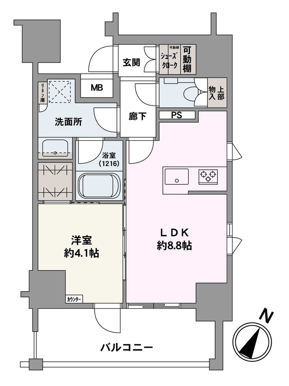 1人暮らしの方やシニア世帯におすすめの1LDK。LDKは開放的な2面採光設計。洋室約4.1帖は、コンパクトながらも収納が備えられ、空間を有効に活用です。シューズクロークやリネン庫など、随所に収納有。