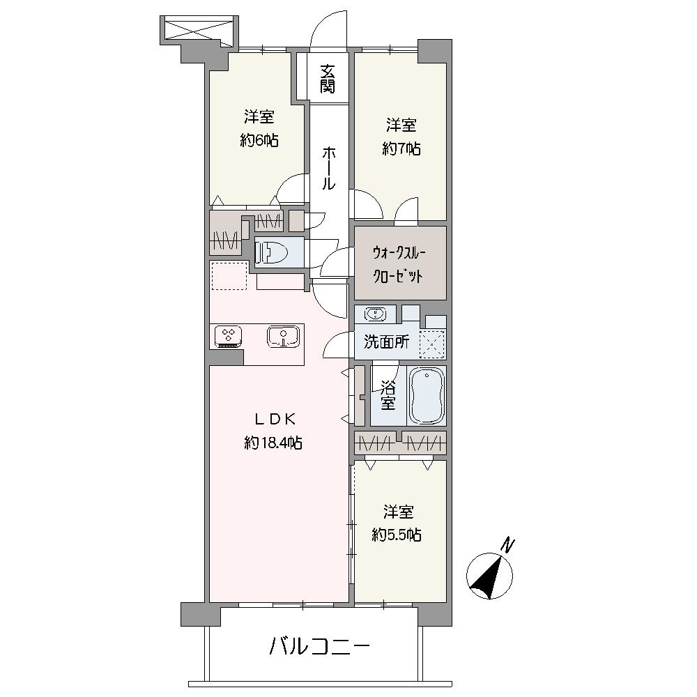 南東向き、日当たり良好な住まい。LDKと隣接する洋室は、目的に応じて一体利用も可能です。約7帖の洋室にウォークスルークローゼットが設置されています。
