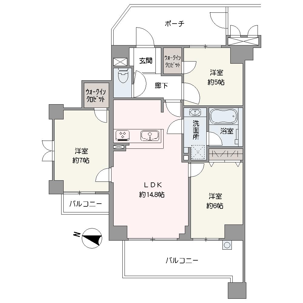 【間取り図】広さ約14.8帖のLDKを中心とした3LDKの住まいです。リビングを中心に左右に洋室が配置されています。2箇所のWICなど、全洋室に収納スペースが設けられています。