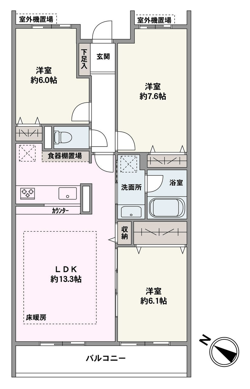 南西向きの明るく快適な住空間。全居室6帖以上でゆったりとお過ごしいただけます。キッチンと洗面所が近く、家事動線も良好です。