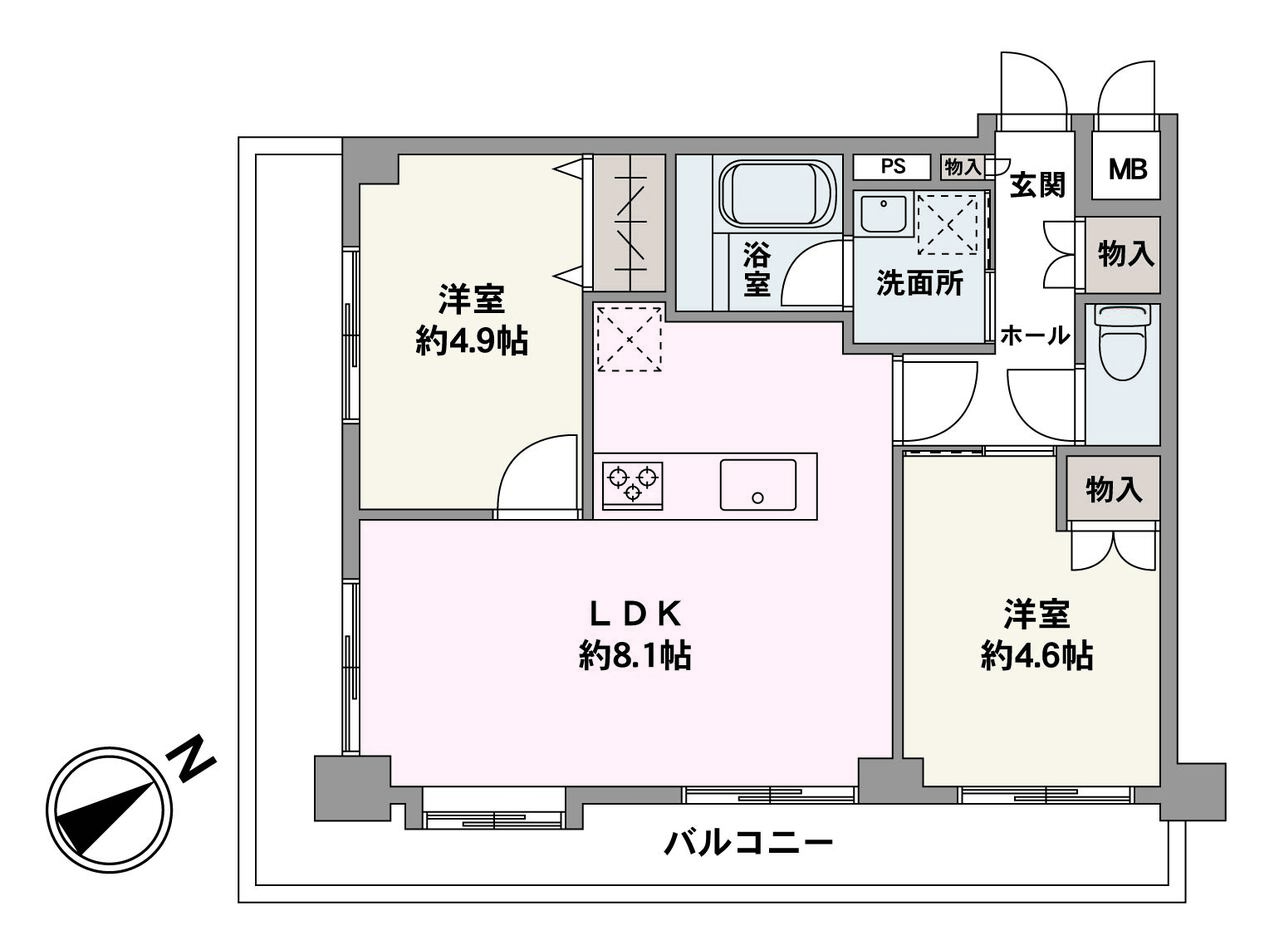 全居室がバルコニーに面した開放的な間取り。収納付きの洋室が2部屋備わっており、ライフスタイルに合わせて多用途にご活用いただけます。