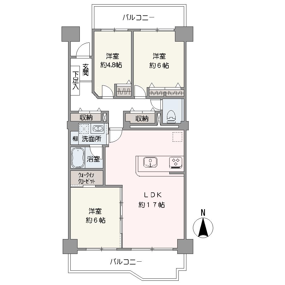キッチン、洗面、浴室がまとまって配置されており、家事動線良好です。ご家族がそれぞれの部屋を持ちやすい「3LDK」の間取りです。