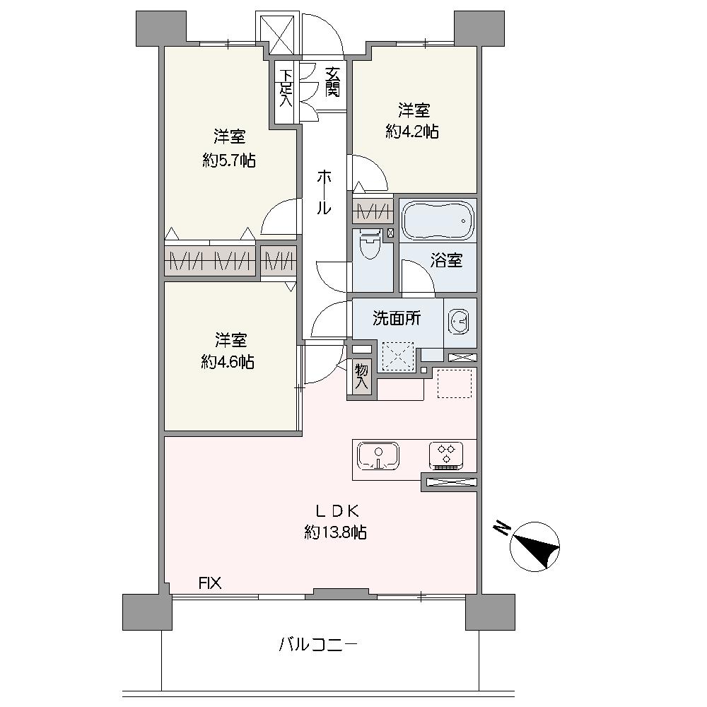 南西向きのバルコニーが備わった3LDK住戸。シューズボックスに全居室収納、リネン庫と随所に収納スペースが備わり、収納を活用することで室内を更に広く使えます。