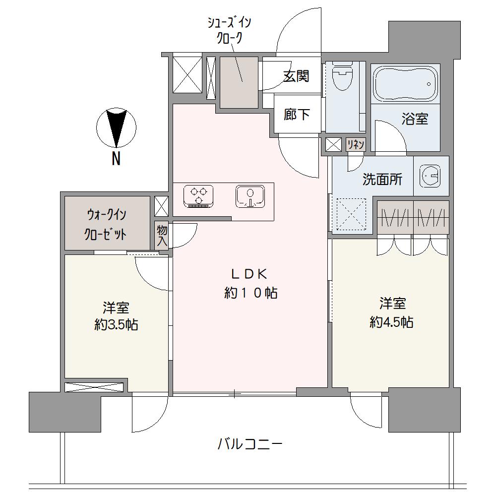 ウォークインクローゼットやシューズインクローゼットなど、収納が充実した2LDKの住まい。地上13階建の12階部分に位置しているので、眺望良好です。