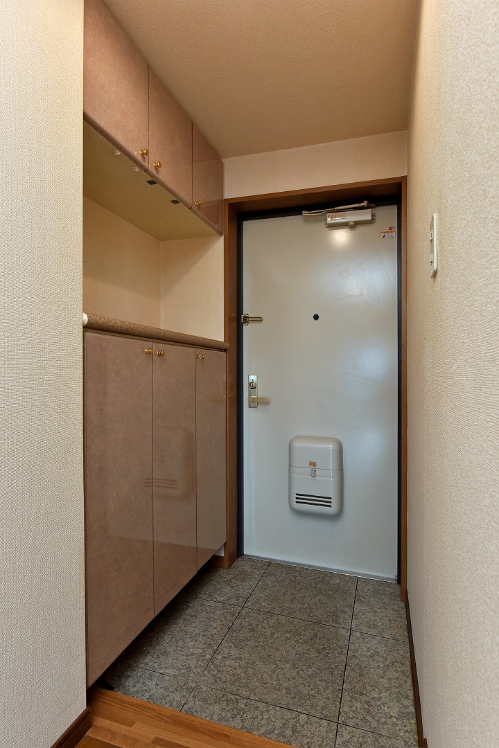 【玄関】玄関収納が設けられており、散らかりがちな玄関をすっきりと片付けることができます。カウンター部分には、お花や写真を飾るなど、お好みに応じて利用可能です。