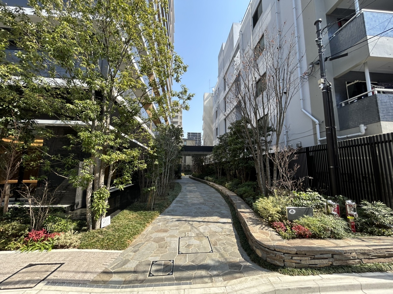【エントランス前通路】住民を迎え入れてくれるアプローチ。緑豊かな植栽が施されており、季節の移ろいを感じることができます。