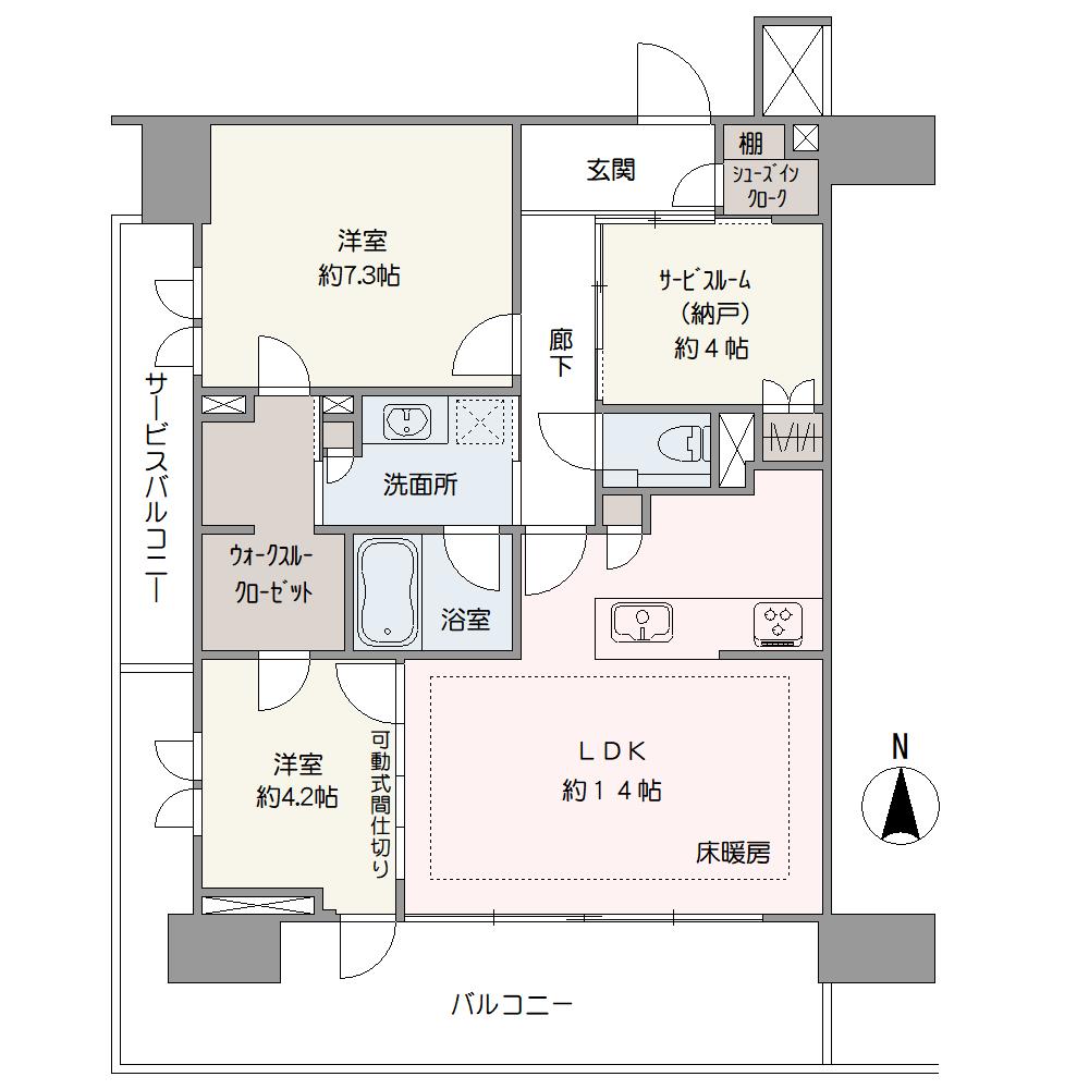階下への騒音が心配いらない2階部分南西角住戸。LDKから隣接した洋室のクローゼットを通り抜け、洗面所、廊下へと回遊できる家事動線良好な間取り設計です。