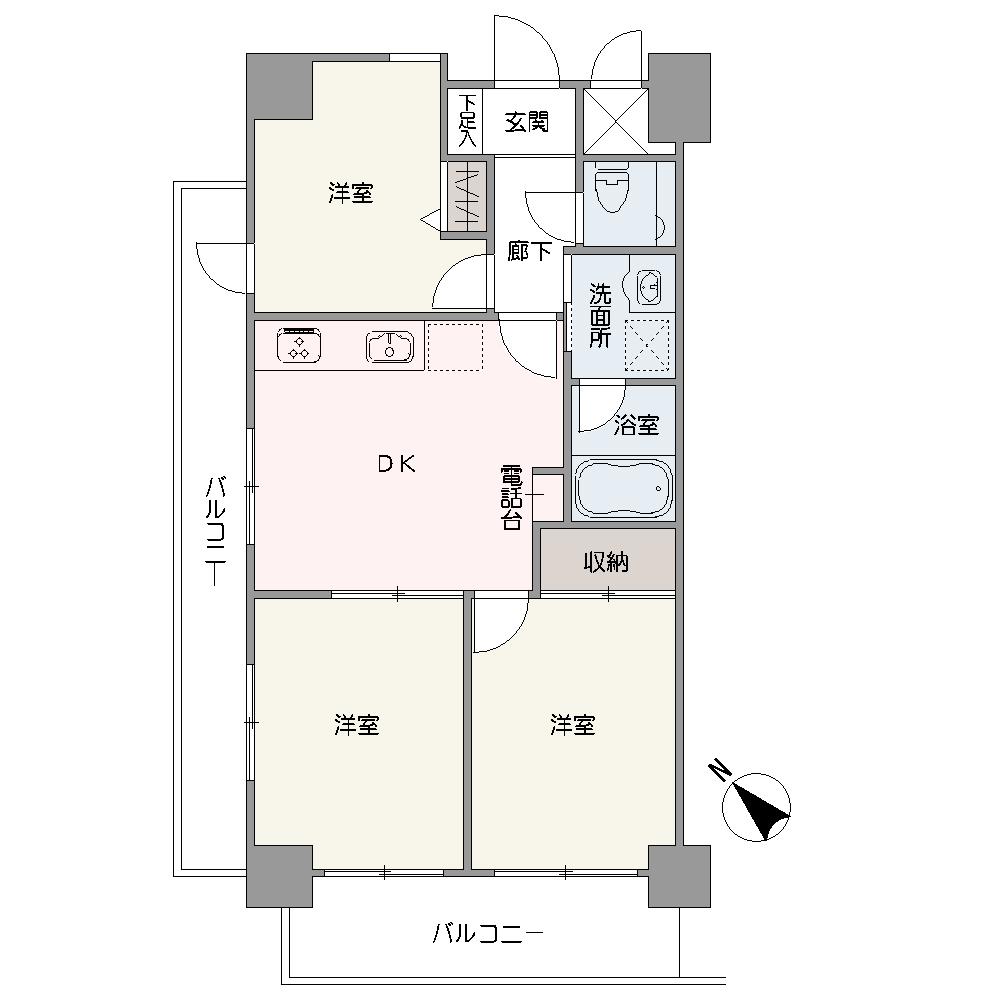 北西×南西向きの2面バルコニーが付いた住戸。全居室がバルコニーに面しているので、心地よい陽光と風が入り込みます。調理に集中できる、壁付けキッチンが採用されています。