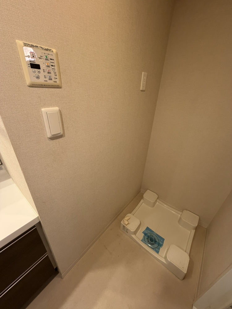 【洗面所】洗面所内には洗濯機置き場が設けられています。更に、タオルや洗剤類のストック収納に便利な収納も設置されています。