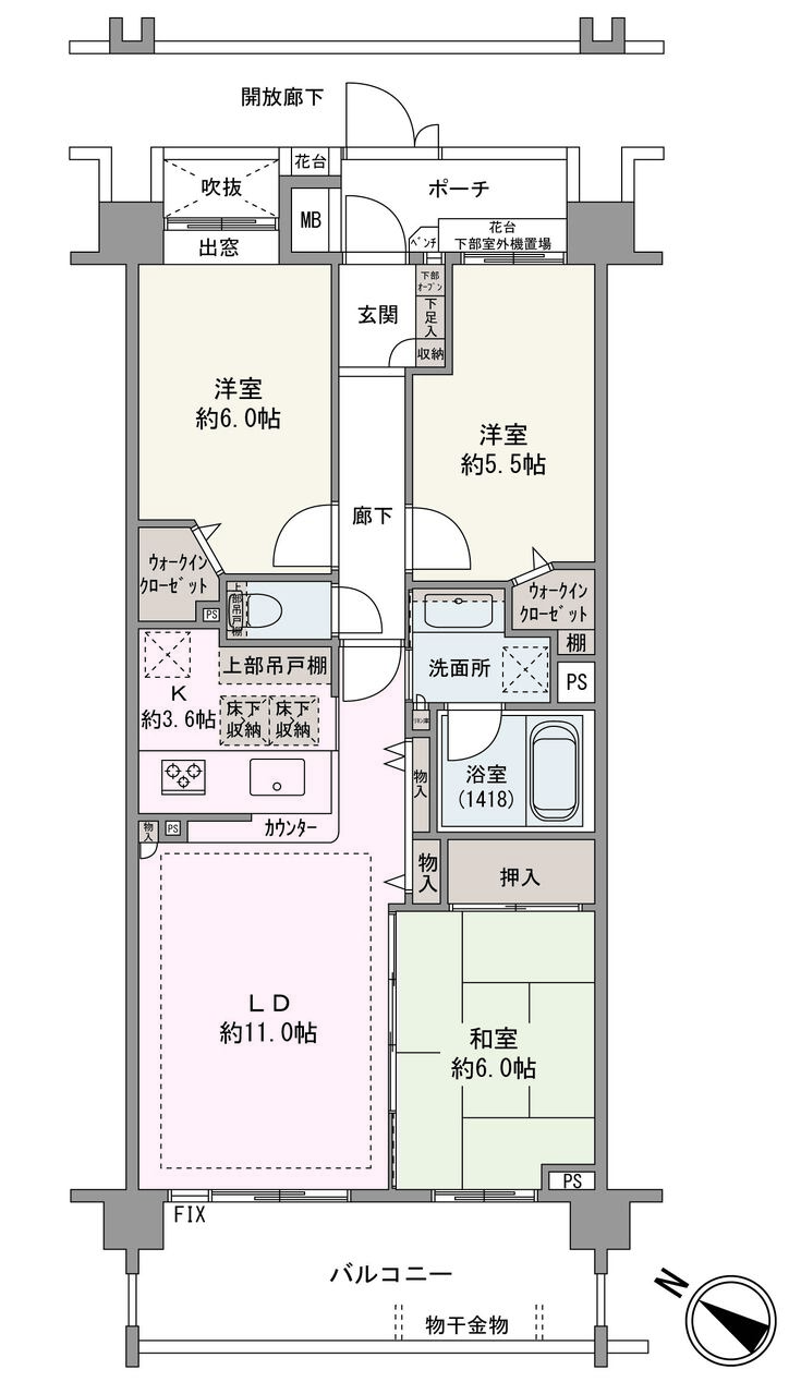 3階部分、「3LDK」の住まい。LDKに和室が隣接し、引き戸を開放すると一体利用可能。洗濯物が乾きやすい南西向きのバルコニーは、2部屋から出入りできます。2つのWICをはじめ、豊富な収納も魅力です。