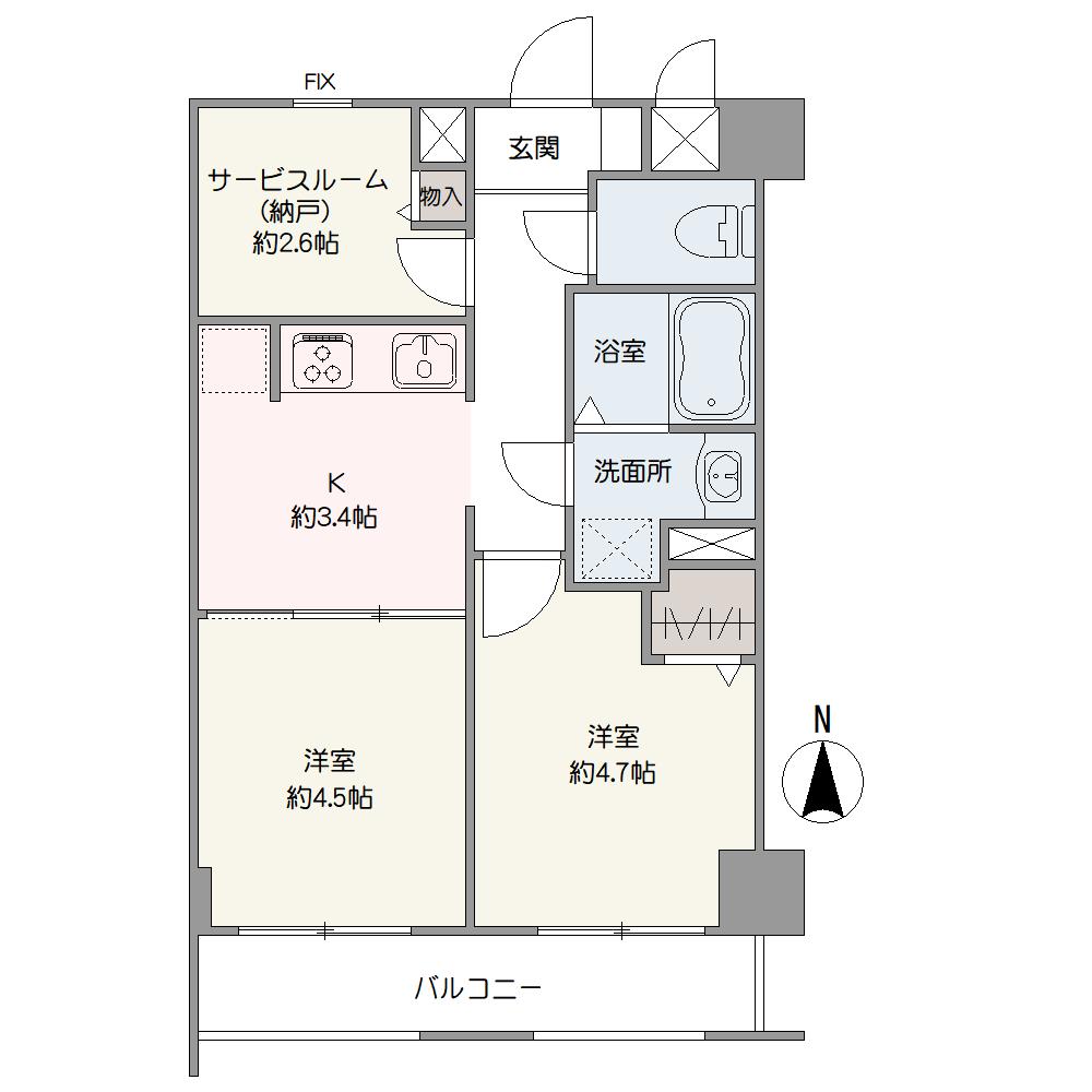洋室2部屋が南向きバルコニーに面する、風通しの良い住まい。キッチンは空間を有効活用できる壁付けタイプです。隣接する洋室(約4.5帖)の引き戸を開放すると、一体利用が可能です。