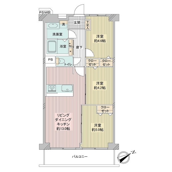 2階、南東向き、61.60㎡３LDKタイプ