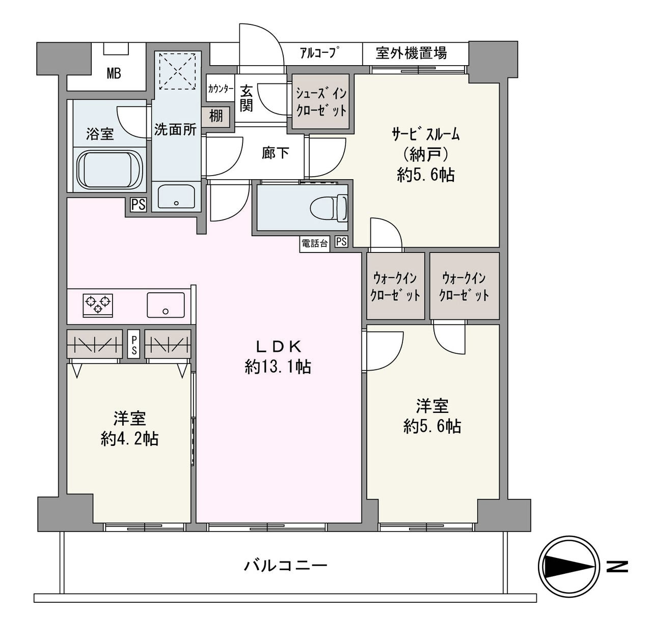 全居室が東向きバルコニーに面した住まい。2ヶ所のWICやSICをはじめ随所に収納スペースがあり、居住空間を広く利用できます。プライバシーに配慮されたアルコープ付きです。