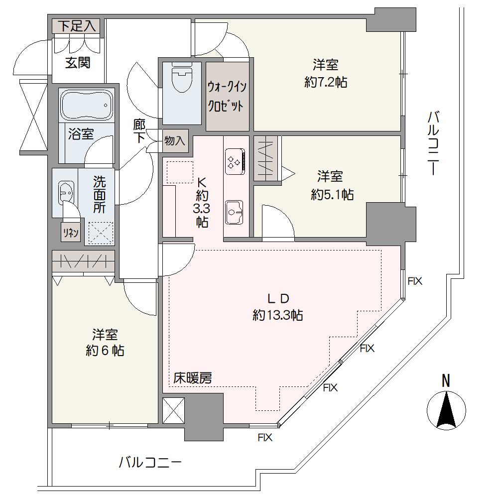 全居室がバルコニーに面した角住戸。LD部分には床暖房があり、寒い日も暖かく過ごせます。玄関は外から居住空間が見えにくい設計。大切なペットと暮らせるマンションです(規約あり)。