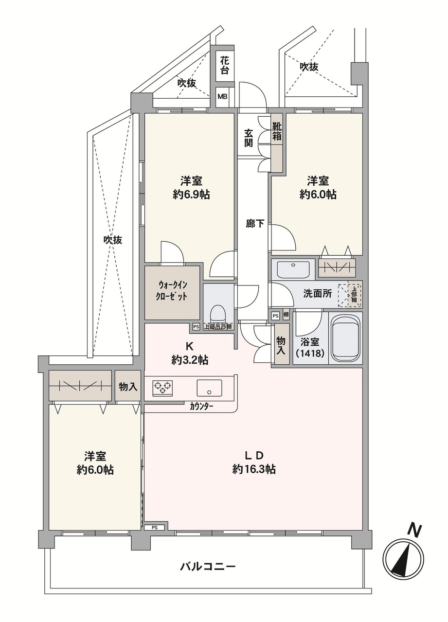 【間取り図】地上9階部分×南東向きにつき、陽当り・眺望良好。全居室6.0帖以上のゆとりある「3LDK」の角住戸です。WICをはじめ随所に収納が設けられており、住空間を有効的に使えます。