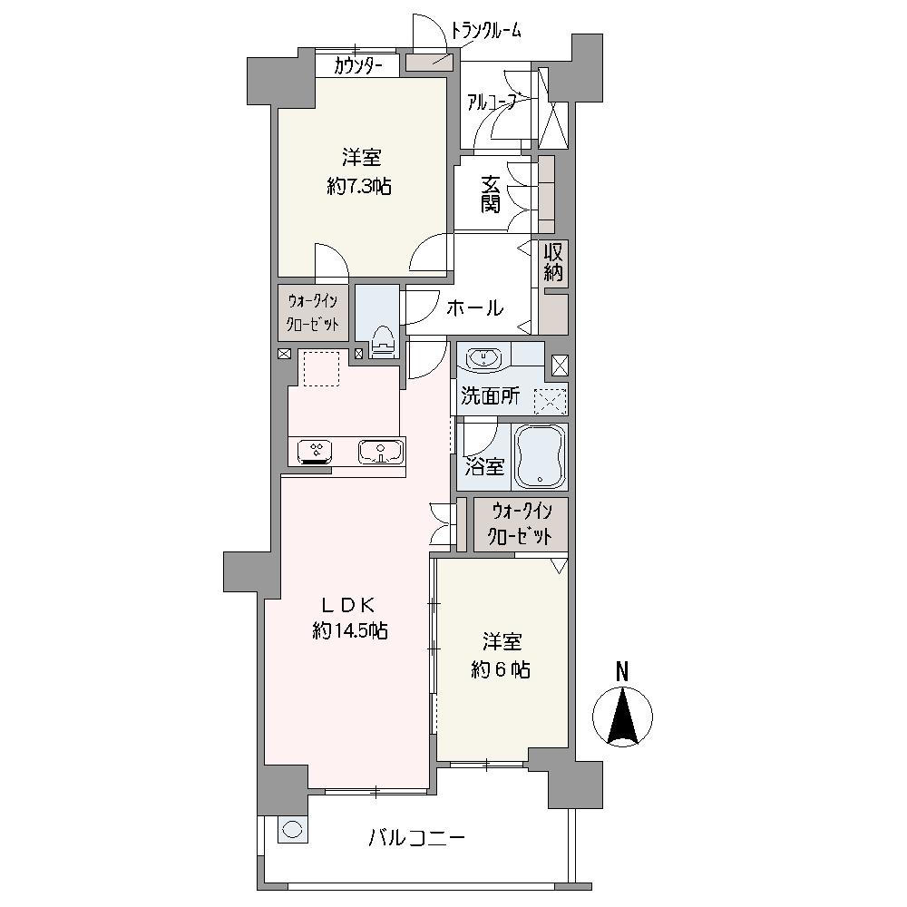 LDK・約6.0帖の洋室が南向きバルコニーに面している間取りです。各居室・玄関ホールなど、収納スペースが豊富な2LDK。大切なペットと一緒に暮らせるマンションです(細則有り)。