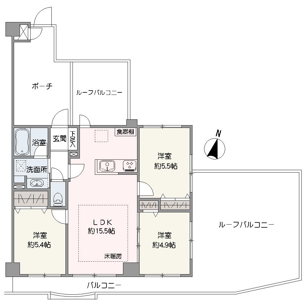 南向きのLDKやバルコニーが設けられた間取り。キッチンはLD全体を見渡せる対面仕様。LDKと東側に配置された洋室2室は2面採光が採用されています。
