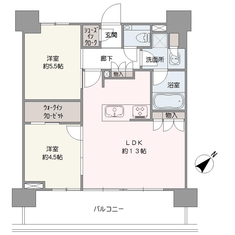 南東向きバルコニー付きの2LDK。WICとSICが備わっているので、室内がすっきりと片付きます。キッチンは家族との会話が弾む対面式です。