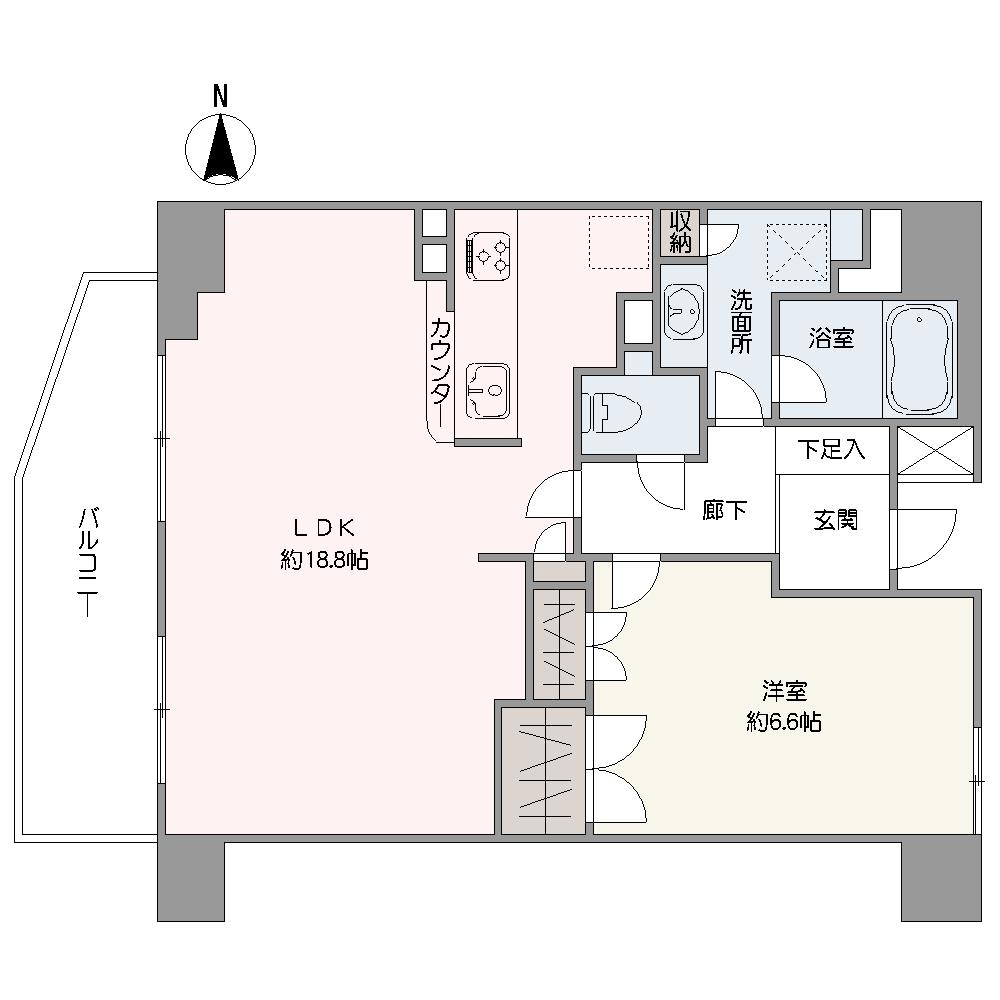 西向きバルコニーが設けられたLDKは、約18.8帖とゆとりある広さです。会話が弾む対面式のカウンターキッチンが採用されています。