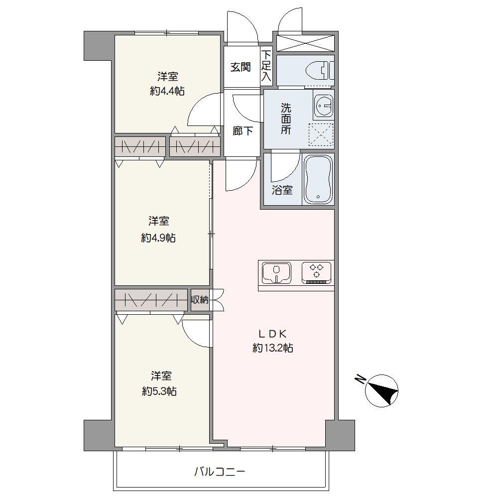 南西向きバルコニーが設けられた、3LDKの住まいです。家族との会話が弾む対面式キッチンが採用されています。全居室収納付きなので、居住スペースをすっきりと保つことができます。