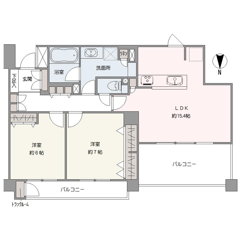 全居室がバルコニーに面した明るい住戸。全居室収納付きです。トランクルームも設けられているので、荷物が多い方もお部屋がすっきり整いそうです。