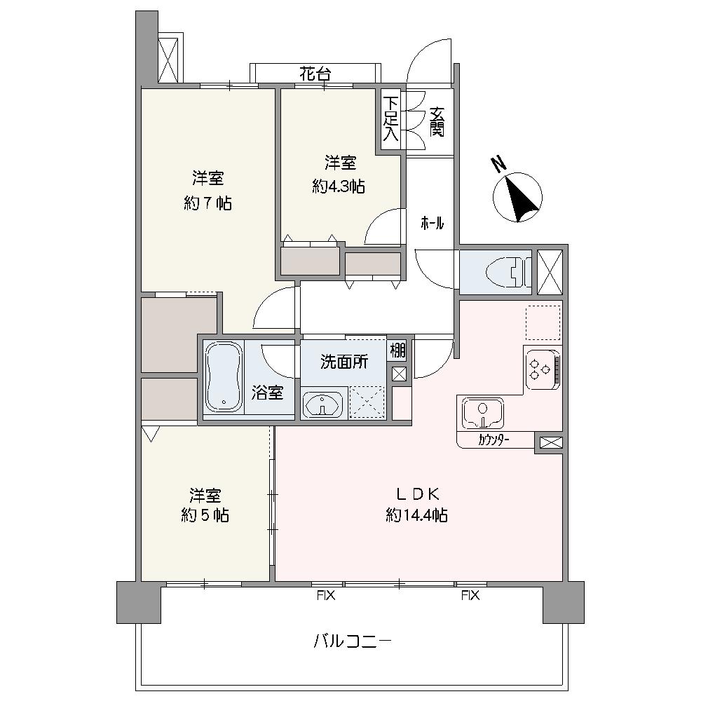 収納が豊富に設けられた3LDK。家族との会話が弾む、対面式キッチンが採用されています。約5.0帖の洋室は、LDKとの一体利用が可能。約19.4帖の広々空間として活用できます。