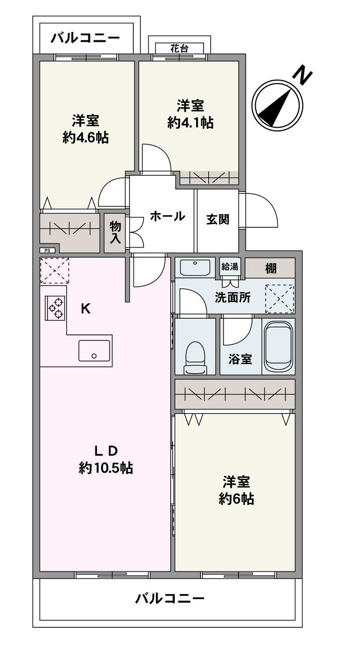 南東・北西の2面バルコニーが付いた住戸。心地よい陽光と風が入り込みます。LDに隣接する約6帖の洋室の引き戸を開放すれば、続き間として利用可能。水回りが集約されているので、家事動線も良好です。