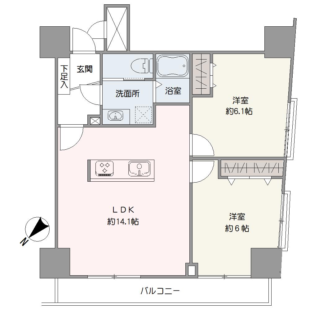 北西向きバルコニーが設けられた2LDK。北西・南西の2面採光で、陽当たりや通風に配慮された住まいです。開放的なアイランドキッチンが採用されています。