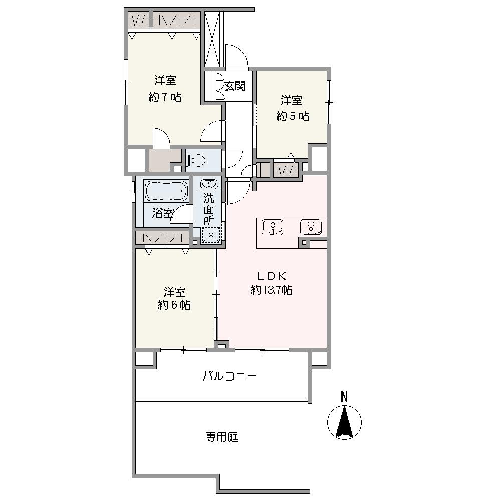 全洋室と廊下に収納が備わっており、居住空間を広く使うことが可能です。調理や片付けをしながら、ご家族とコミュニケーションがとれる対面式キッチンが採用されています。